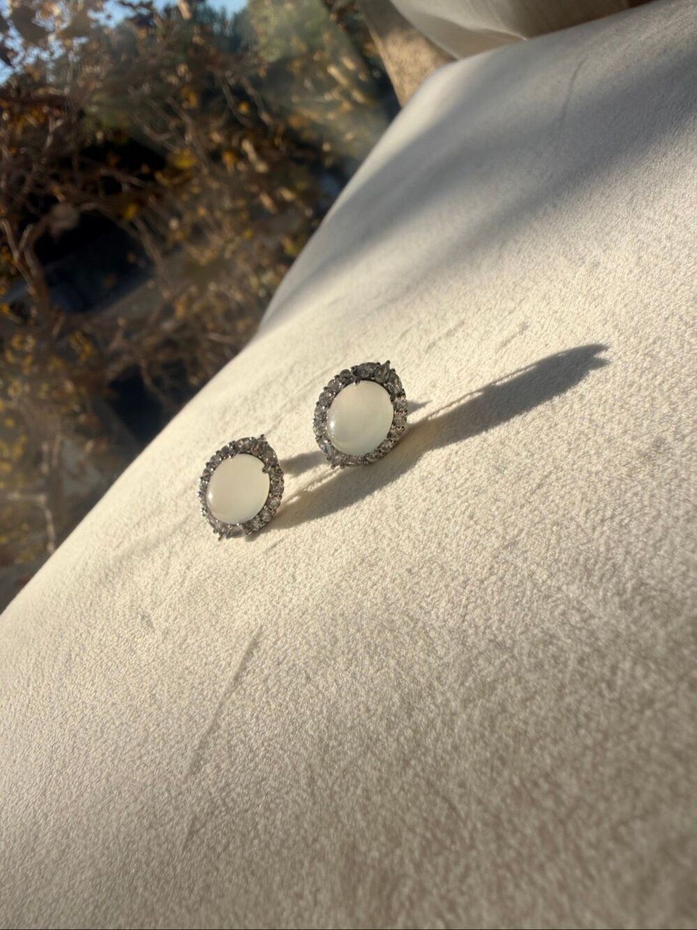 Faux Moonstone Oval Stud Earrings Crystal Halo Silver Tone Vintage Style